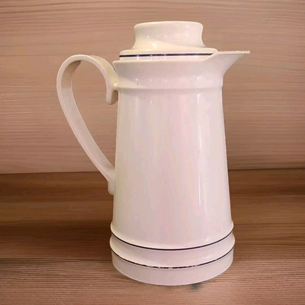 Vintage Thermos Sheree Carafe # 810 White Navy Blue Glass Lined West Germany